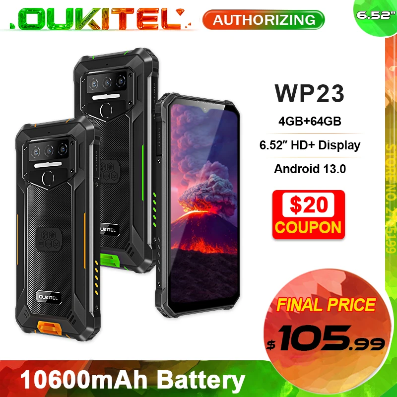 OUKITE-WP23 Smartphone robusto, Telemóveis, Celular, 6.52 "HD +, 10600 mAh, 4GB + 64GB, Android 13, MT6765, 13MP, NFC, Estreia Mundial