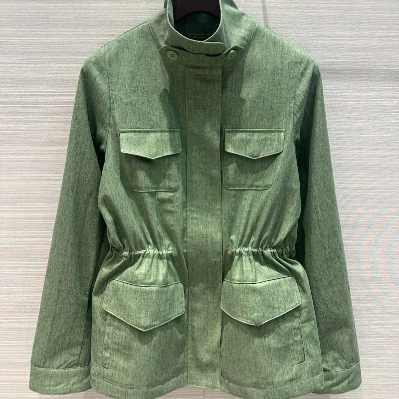 Women's Linen Jacket Solid Color Stand Collar Long Sleeve Casual Autumn Coat