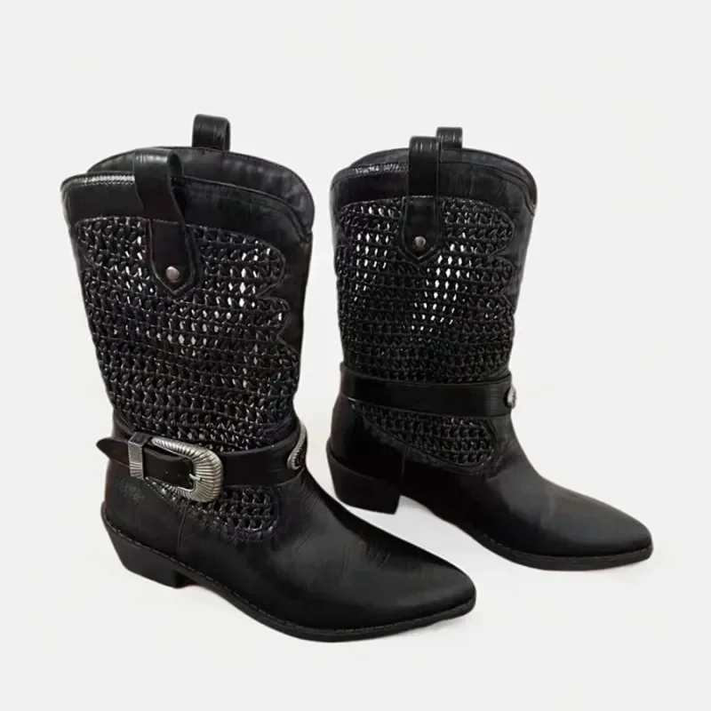 

Summer New Fashion Leather Woven Hollow Western Style Thick Heel Short Boots Women Shoes Personality Summer Boot Retro Style