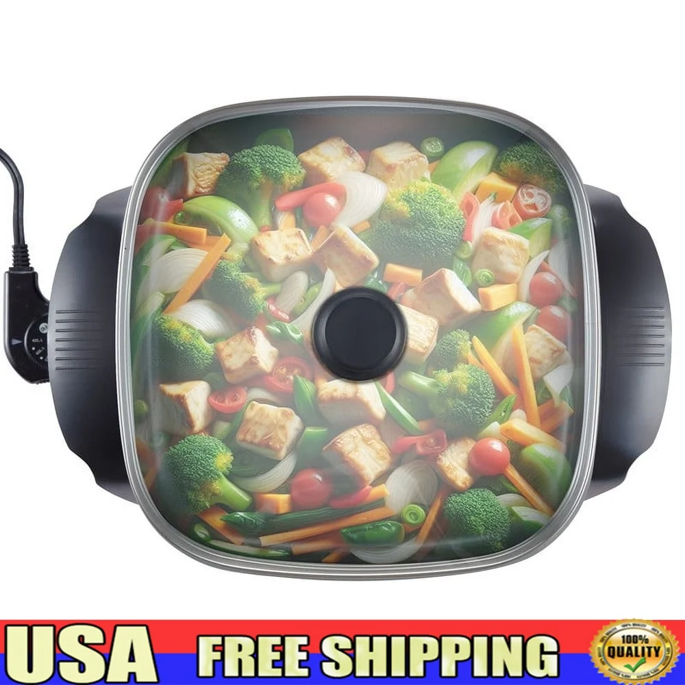 

12 Inch Electric Skillet with Glass Lid Non-Stick Cooking Surface Adjustable Temperature Control Heavy Duty Aluminum Base Safe