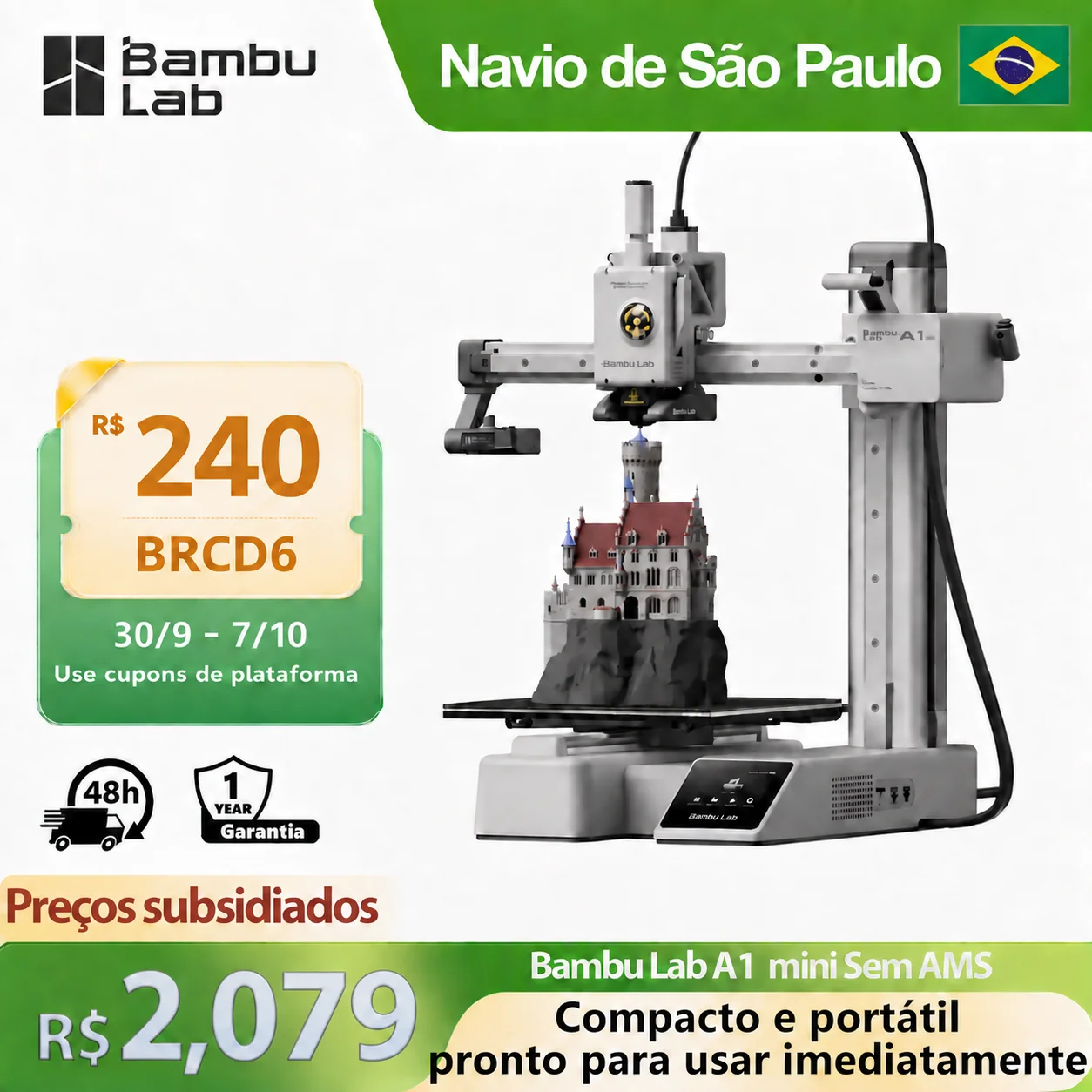 Bambu Lab A1 Mini Impressora 3D 500 mm/s Impressão de alta velocidade Nivelamento automático Design compacto Plug Play para uso doméstico sem AMS