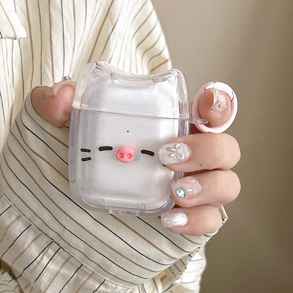 Lovely Pig Earphone Cases For Apple Airpods 4 Pro 2nd Transparent Headphone Shockproof Cover For Airpod 1 2 3 Coque With Keyring