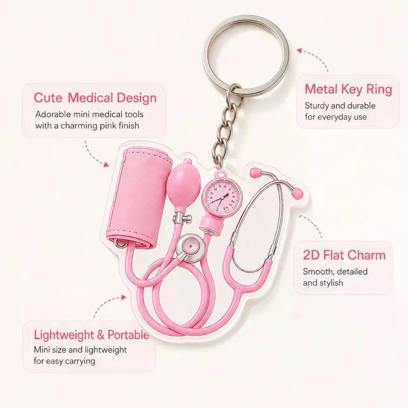 1Pcs  Nurse Bag Charm Pendant 2D Flat Doctor Cute Pink Mini Stethoscope Keychain Gift Accessory For Keys Backpack