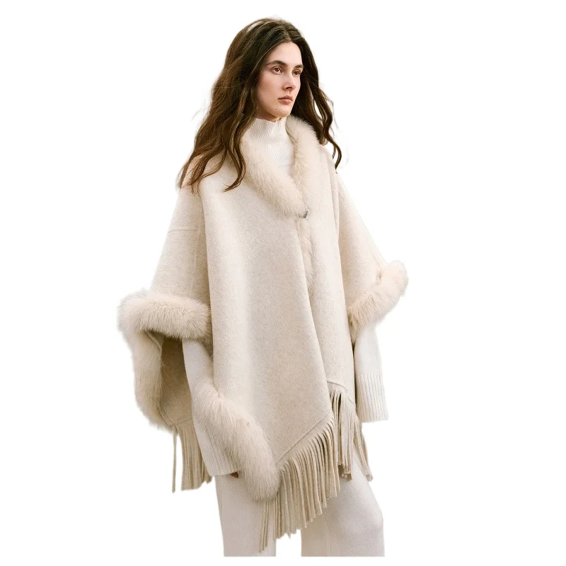 Winter fox hair splicing woolen shawl short loose coat fringed cape women