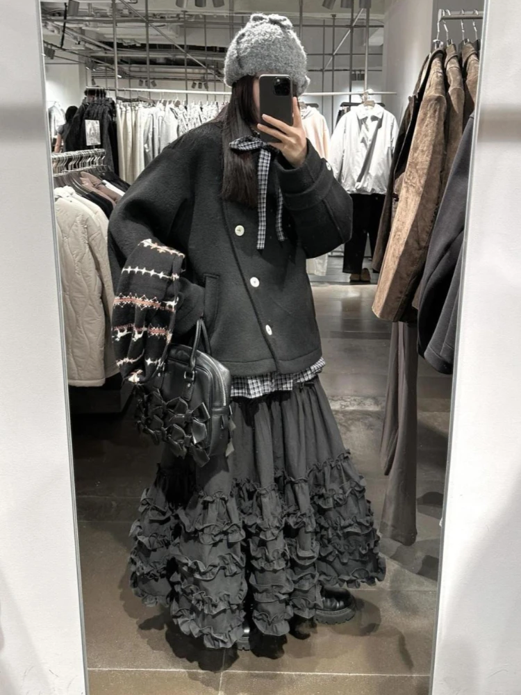 Japanese Designer Vintage Grey Loose Patchwork Long Skirt Women 2026 Hepburn Casual New Gothic Hot Girl High-waist Dark Skirt