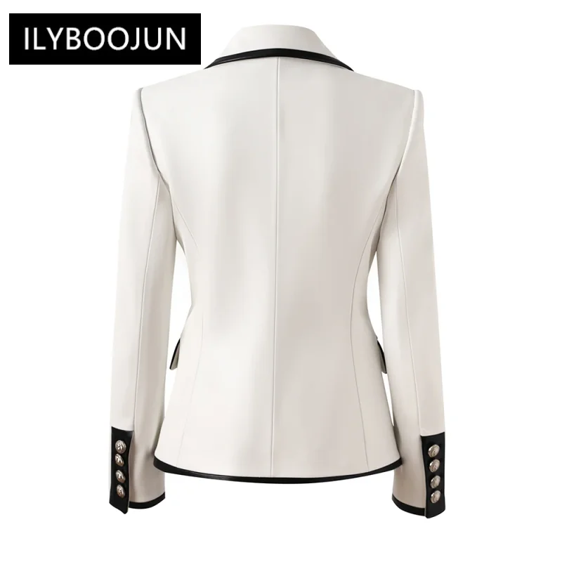 Unique Fall Winter Black Contrast Color White PU Leather Patchwork Jackets Leopard Printing Linging Luxuy Fashion Women Blazers