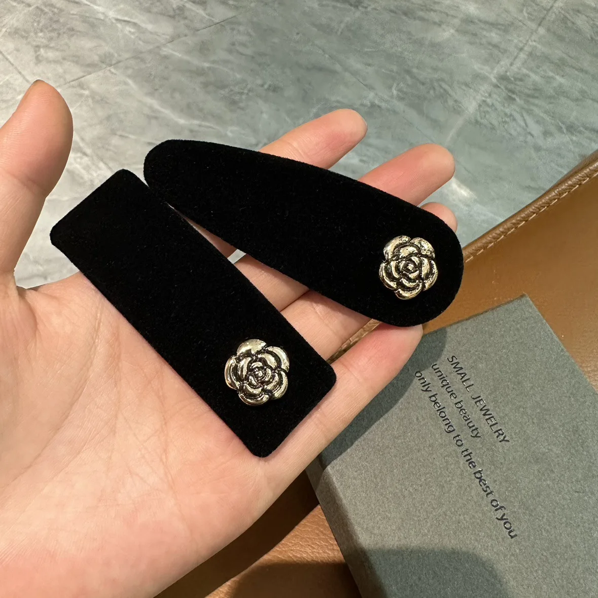 Velvet Black Camellia Hair Clips for Fringe and Side Bangs Vintage French Elegant All Match Non Slip Soft Strong Hold