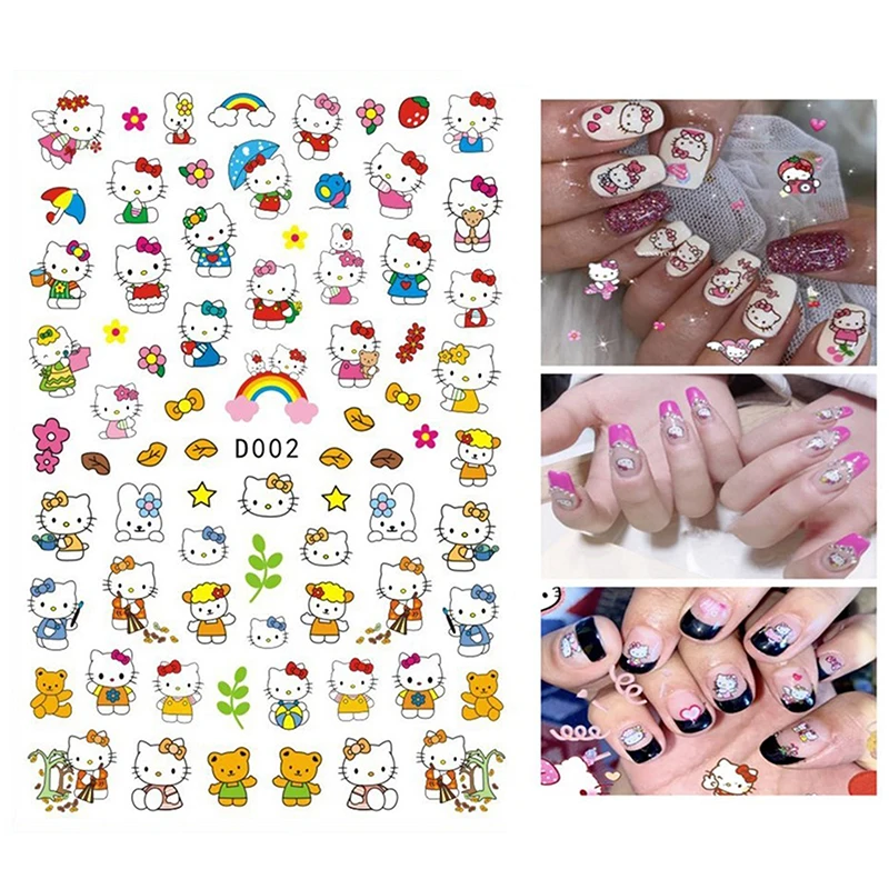 Sanrio hello kitty 3d arte do prego adesivos decalques para unhas kt gato arco estrela manicure diy acessórios felizes diy remendo do prego