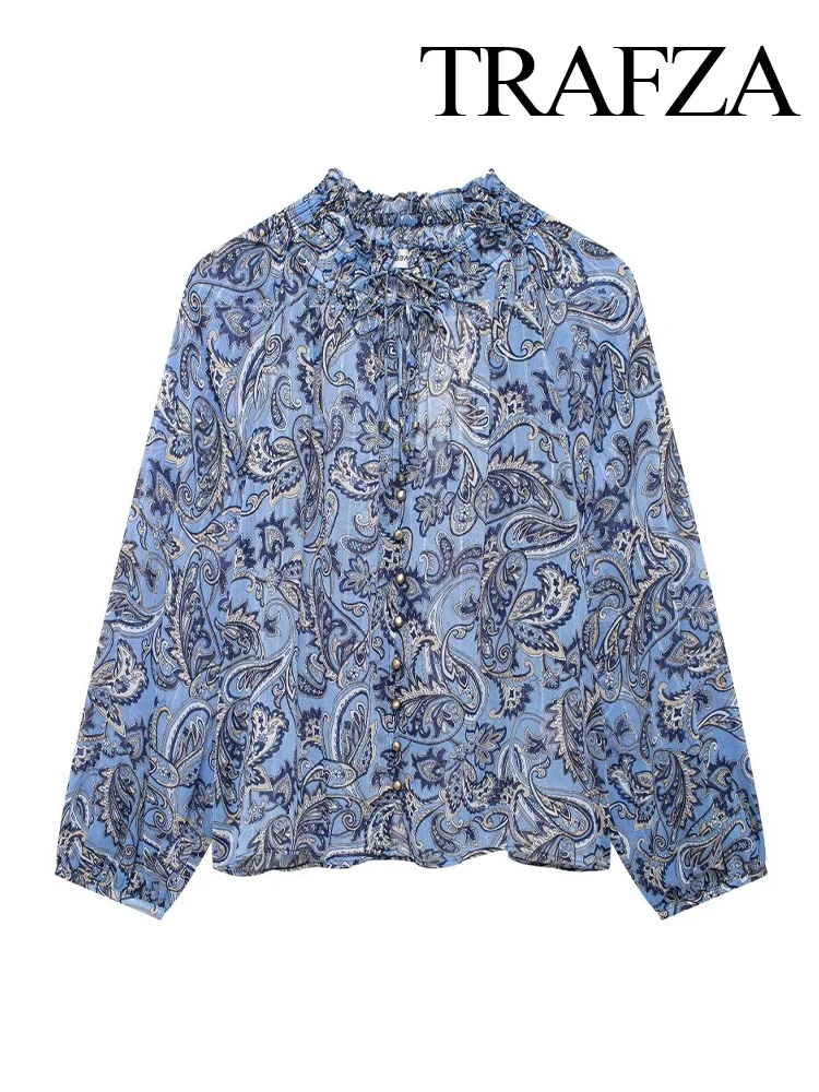 

TRAFZA Women Fashion Niche Versatile Paisley Long-Sleeved Printed Shirt Female Elegant Butterfly Fungus Edge Knotted Shirt Mujer