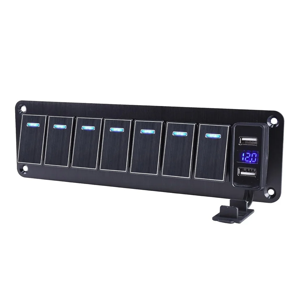 Aluminum Switch Panel Car Rocker Switch Panel 7 Position Switches Built-in Voltmeter 4.8a Fast Charging Scratch Resistant