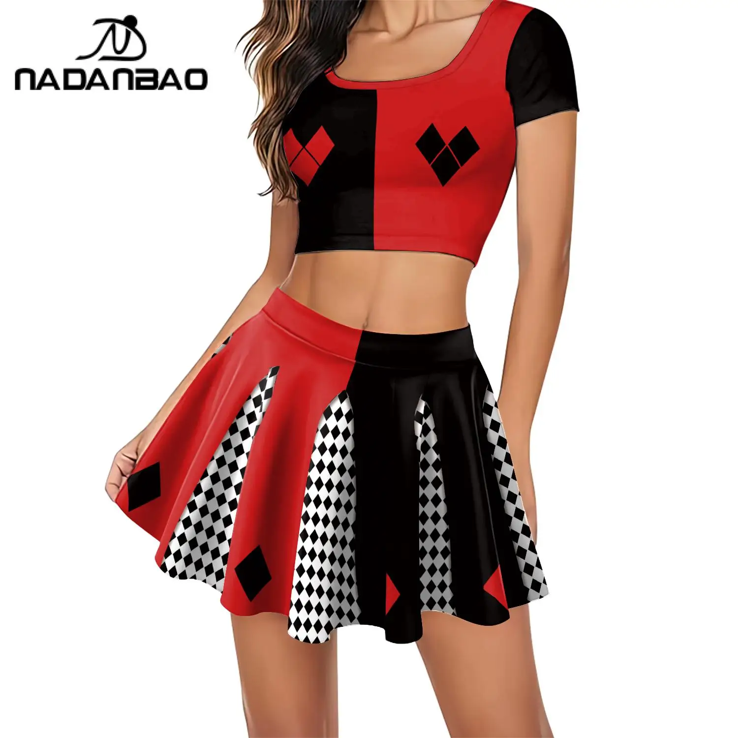 Nadanbao Little Ugly Girl 2 Pcs Cheerleading Pleated Skirt Set Halloween Party Dress Red Black Casual Short Sleeve Crop Tops