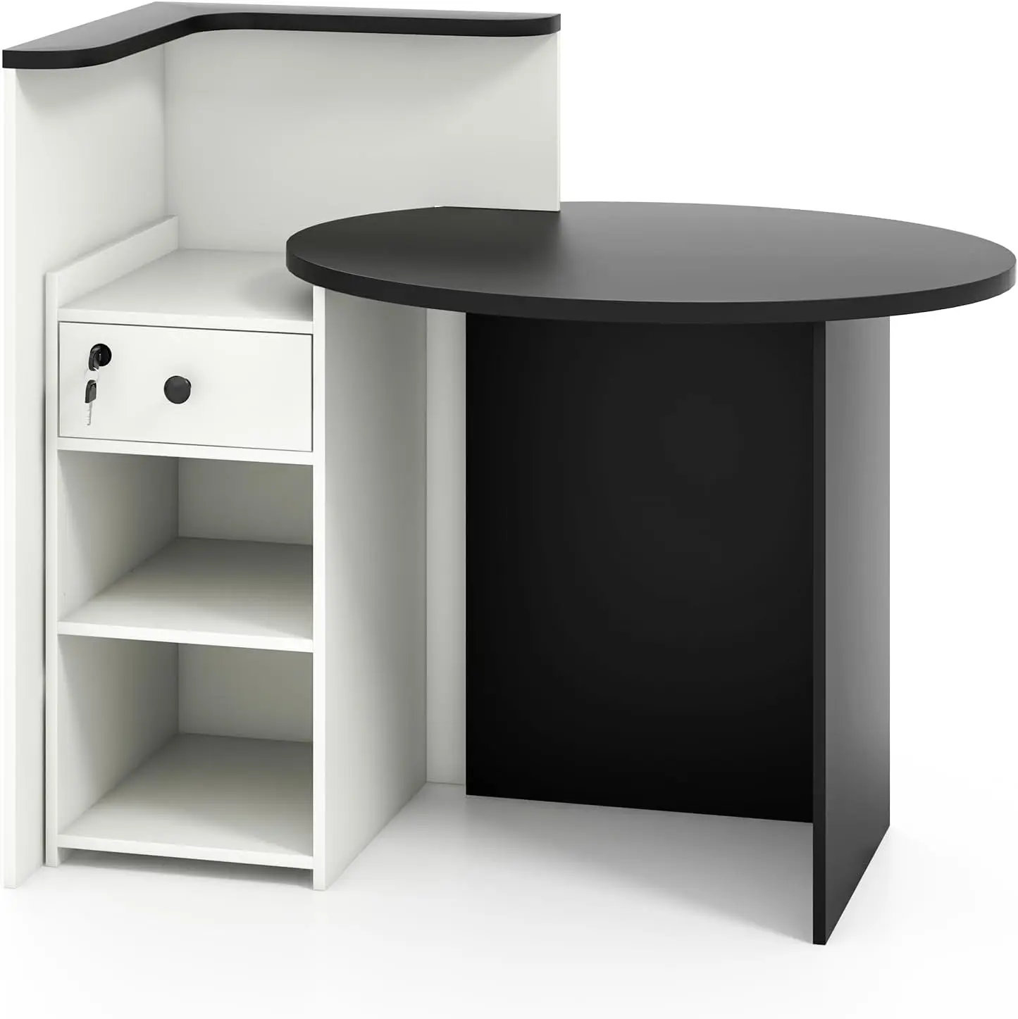 Retail Counter Desk with Lockable Drawer, 3-Level Adjustable Shelf & Oval Desktop, Checkout Front Counter, L-Shaped Office Desk