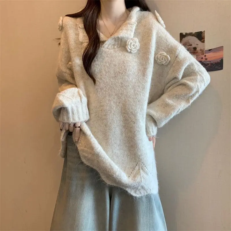 秋冬無地刺繍Vネック袖グレー3Dフラワーセーター大きいサイズレディースインナーウェアニットトップスおしゃれ