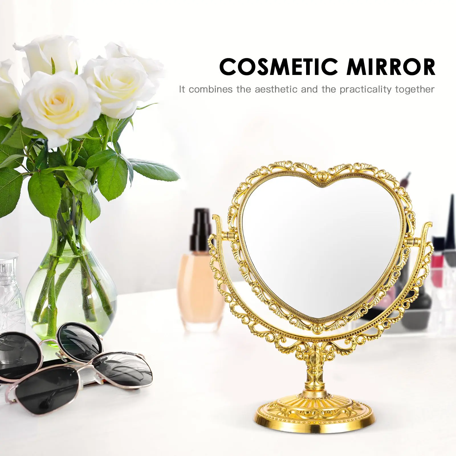 Peach Heart Round Double Sided Makeup Mirror Vanity Dresser Retro Desktop Tabletop Beauty Mirror Gold Home Decor Swivel