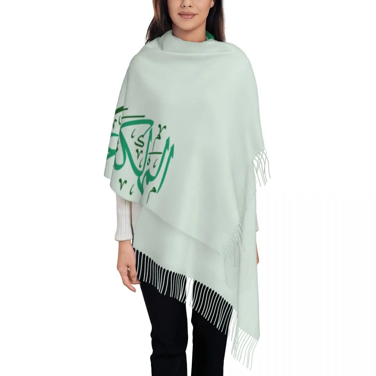 Custom Fashion Saudi Arabia Emblem Arabic Calligraphy Tassel Scarf Women Winter Fall Warm Shawls Wraps Lady Scarves