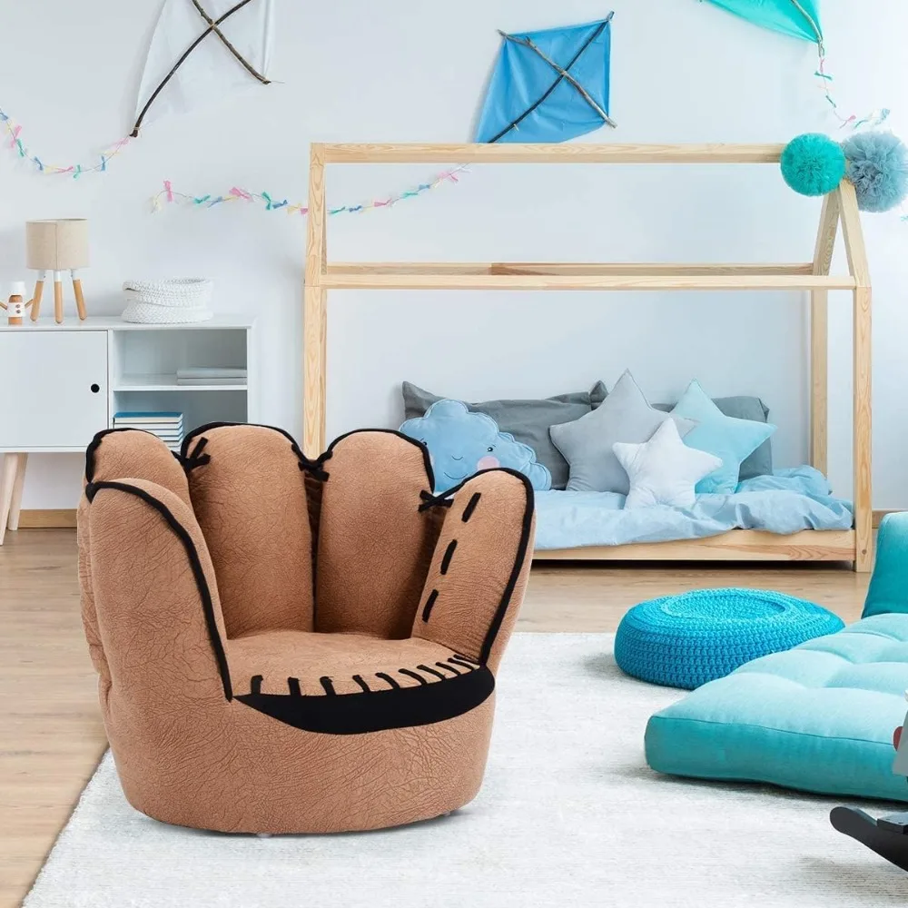 Sofá tapizado de madera para niños pequeños, sillón con forma de guante de béisbol, color marrón