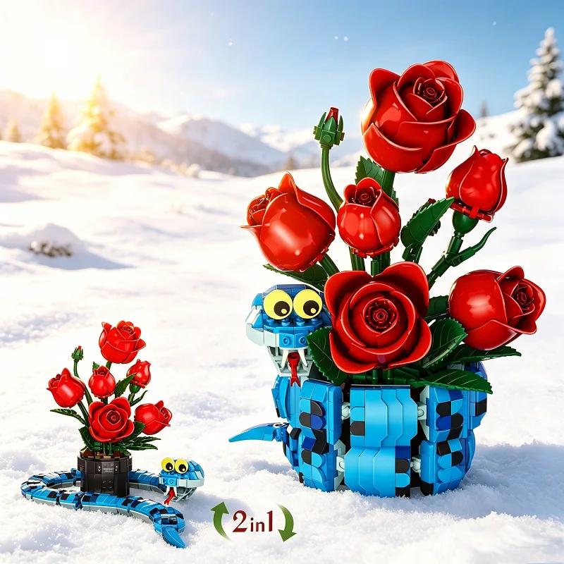 

778pcs Rose and Snake Building Blocks Creative Botanical Animal Flower Model Decorative Assembly Bricks Collection Gift Adults