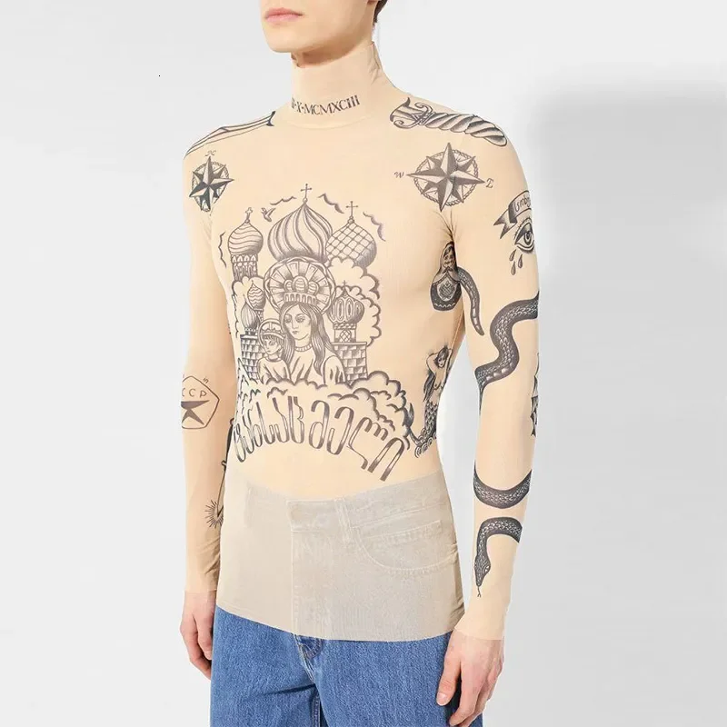 Sexy Stretch Slim Long Sleeve T Shirts Men Y2K Style Printed Turtleneck Tops For Mens Autumn Streetwear Fashion Bottoming Tees
