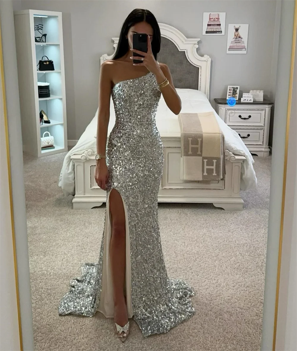 Sansa Shiny Mermaid Prom Dress Sequins Side Split Trumpet Vestidos De Noche Sexy Silvery Fishtail فساتين سهره فاخره