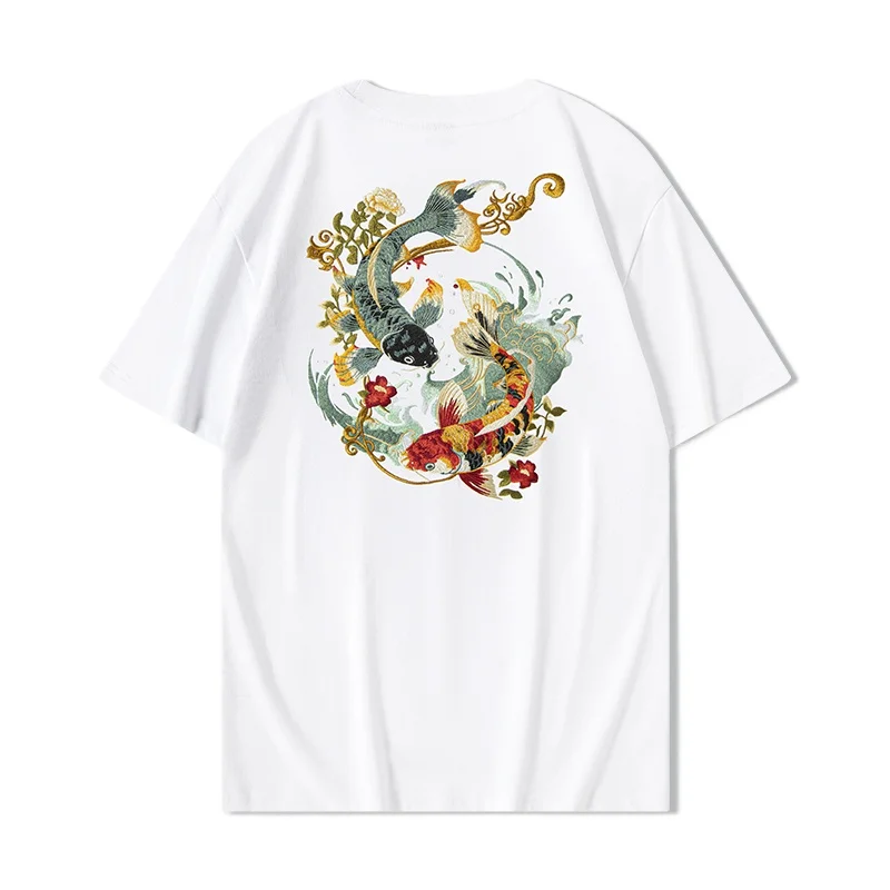 Summer Embroidery T Shirt Men Fashion Vintage T Shirt Women Hip Hop Tees Cotton Short Sleeve Chinese Koi Carp Loose Tops Couple