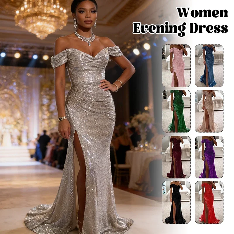 

1pc Women's Sexy Party Split Maxi Dress New Sequined One-line Collar Dress Fashion Elegant Prom Eveging Dresses