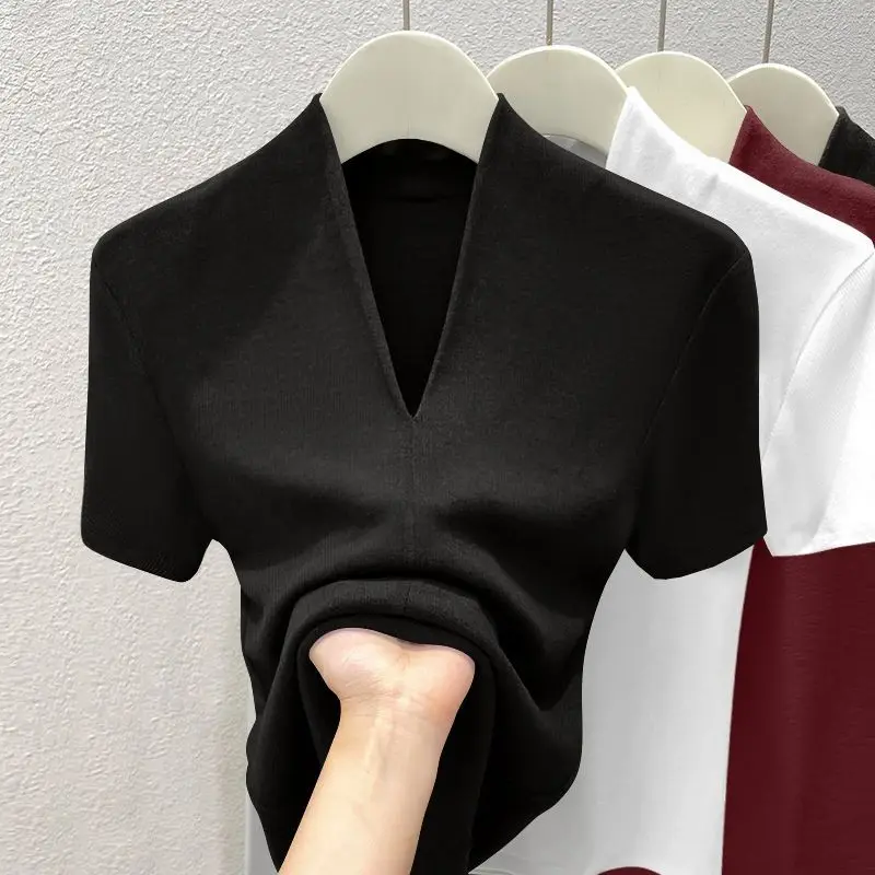 Summer 2025 NEW Sexy V Neck Slim T Shirt Women Cotton Elastic Basic Solid Female Casual Tops Short Sleeve Thin T-shirts