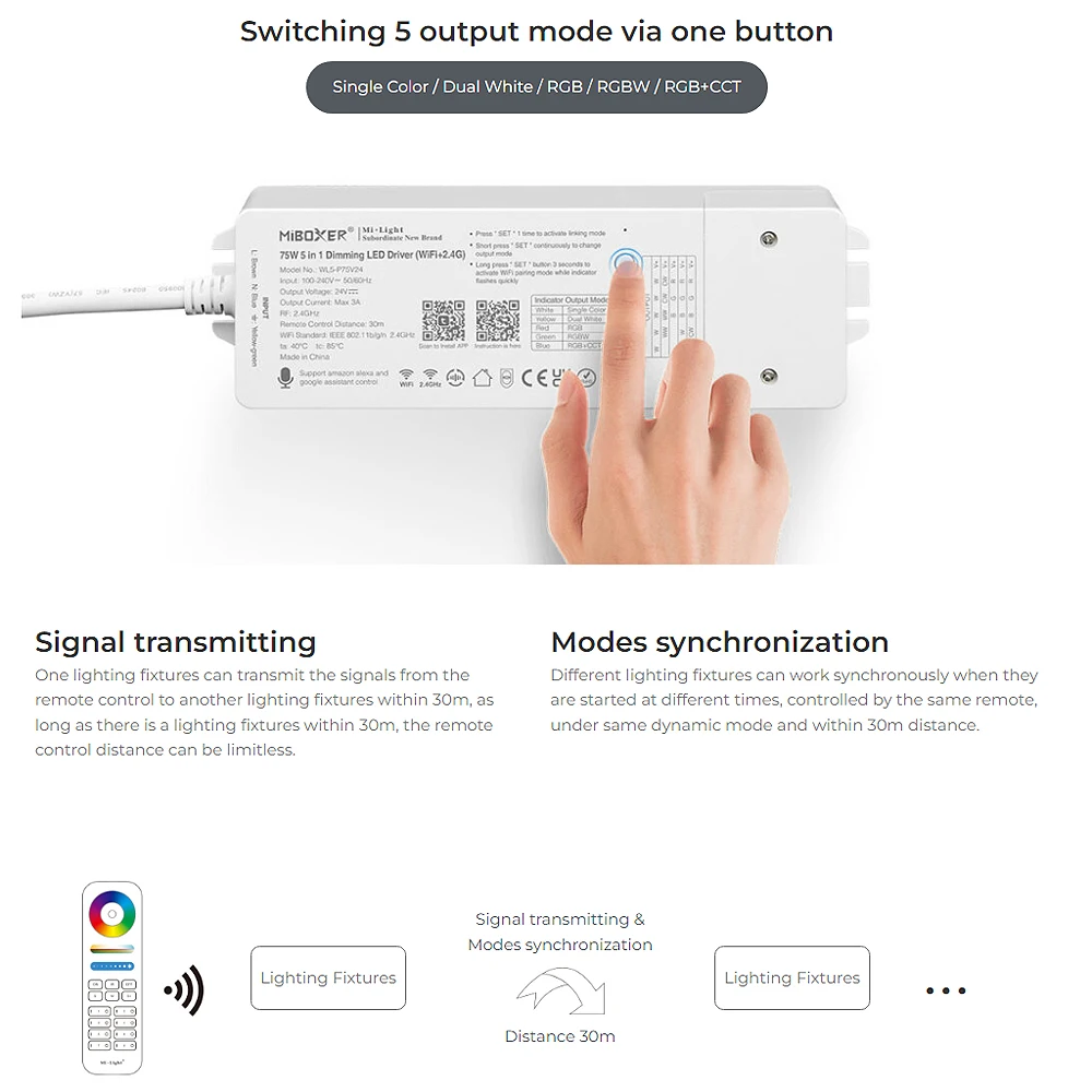 MiBoxer WL5-P75V24 5In1 Tuya Smart 24V75W WiFi+2.4G Dimmer Built-in Driver for Single Color/Dual White/RGB/RGBW/RGBCCT LED Strip