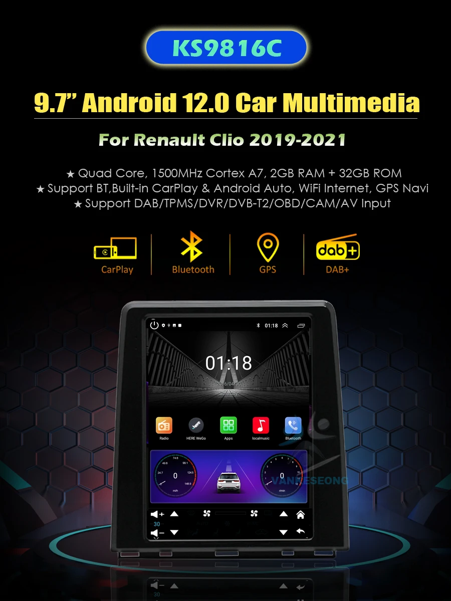 9.7 inch Android 12 GPS Sat Nav For Renault Clio 2019-2021TouchScreen Car Radio Stereo BT Wifi CarPlay Androd Auto Head Unit