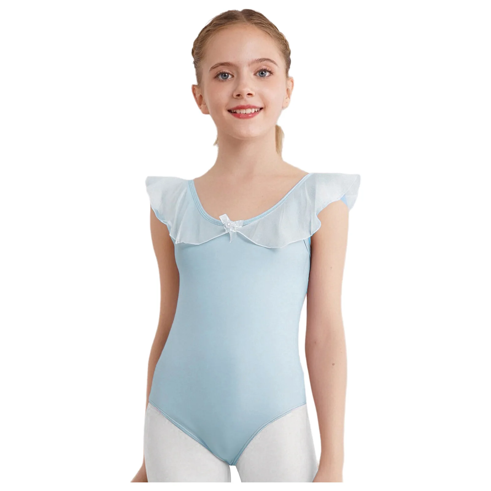 

Kids Girls Lyrical Ballet Gymnastics Dance Costume Ruffled Collar Sleeveless Backless Leotard with Shiny Sequins Tutu Skirt