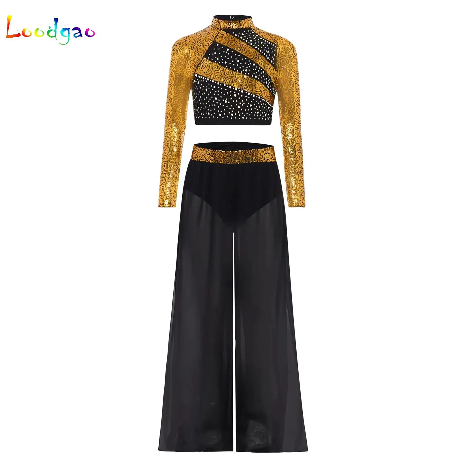 Modern Dance Crop Top with Chiffon Overlay Wide-Leg Side Slit Pants for Girls Kids Lyrical Ballet Dancer Performance Outfits