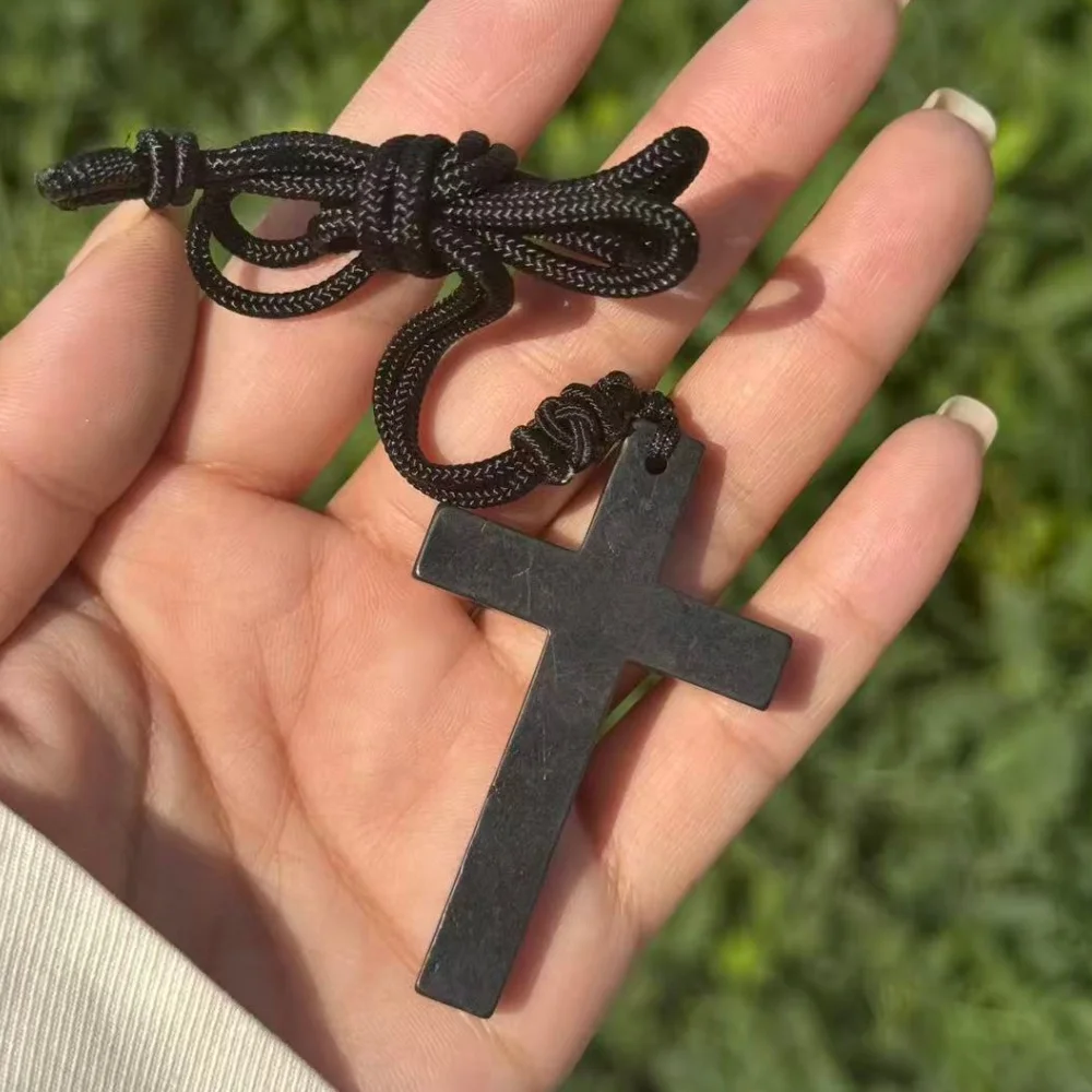 1pc Natural Shungite Cross Healing Crystal EMF Protection Pendant for Woman&Man