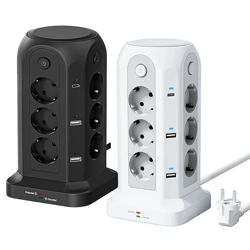 EU Plug Tower Power Strip with 4 Single Switches Multiple Vertical Sockets with Surge Protection 2M/5M Extension Cable view 2