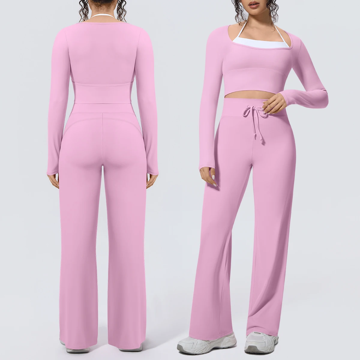 Rooftrellen Einfarbiges Sport-Yoga-Set für Damen Hochwertige Trainingskleidung Damen Sportbekleidung Hochelastische Weite Hosen Yoga-Set