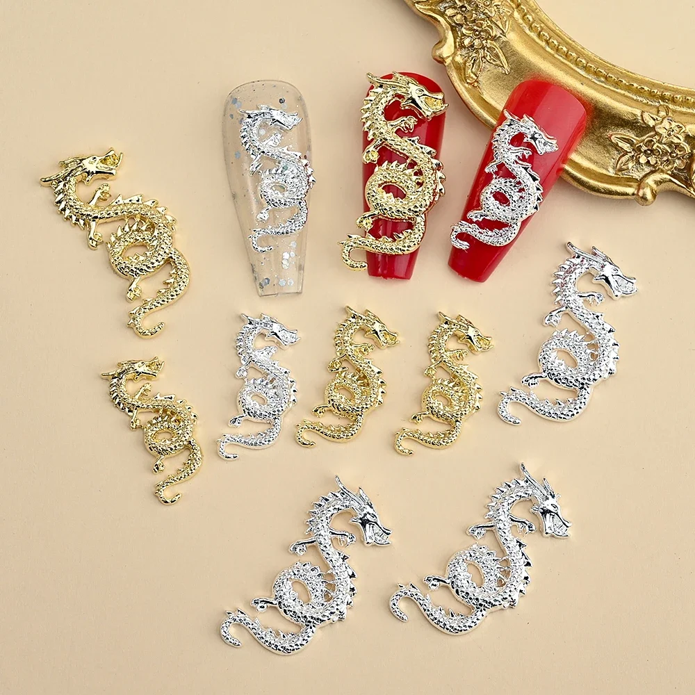 10 個ネイルチャームメタル Aolly 3D ゴールド/シルバースネークドラゴン形ネイルアートラインストーン高級ジュエリーマニキュア DIY パーツ