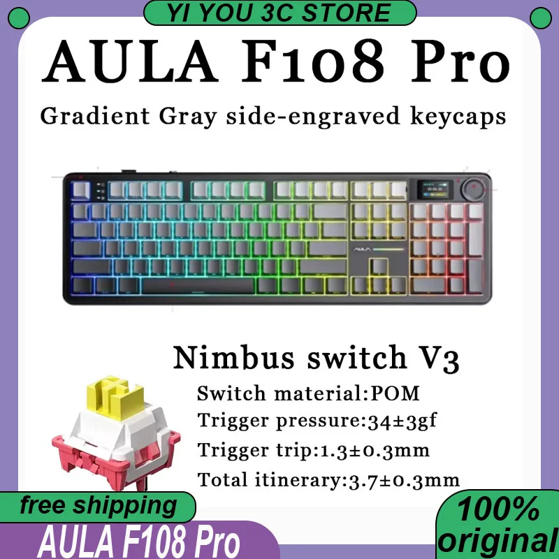 AULA F108 프로 기계식 키보드 트라이 모드 무선 개스킷 구조 핫 스왑 인체공학 맞춤형 게이밍 키보드 PC 액세서리