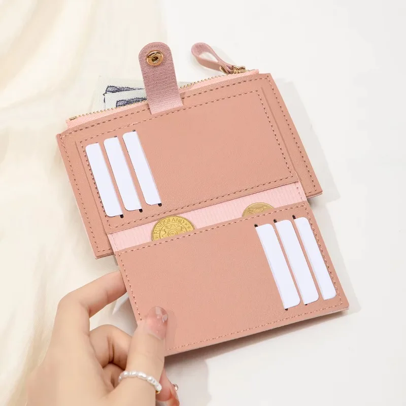 Wallet for female students, lightweight and portable mini version with multiple card slots, zippered small wallet clutch purse