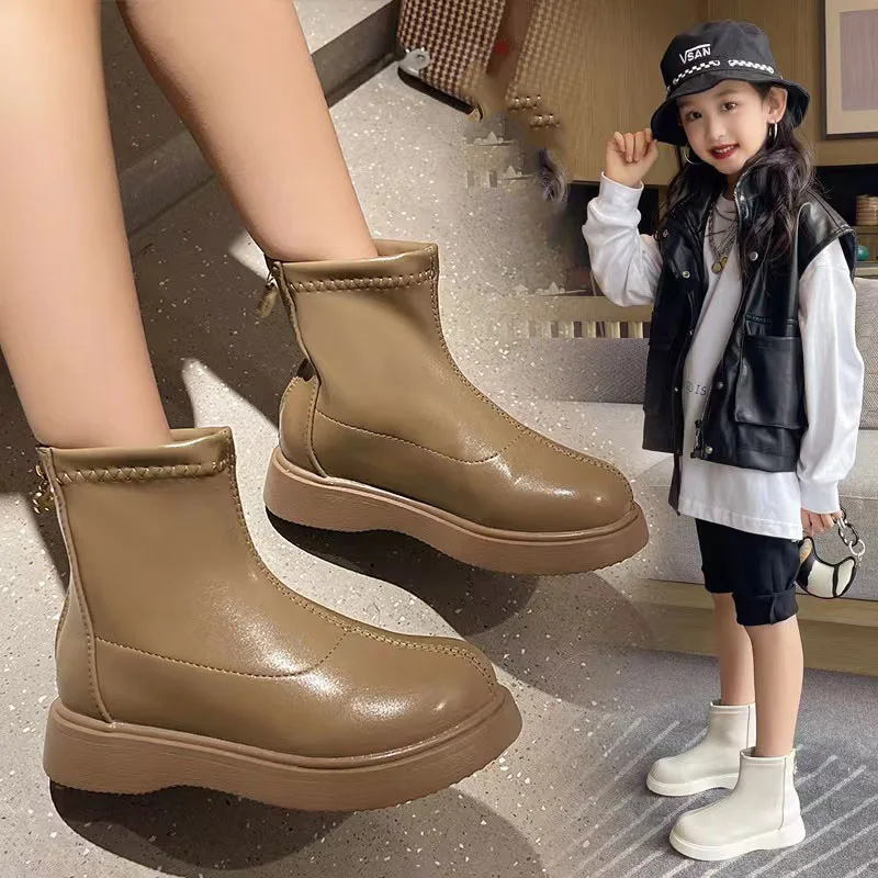 Congme Children Boots Fashion Korean Girls Leather Ankle Boot For Kids Non-slip Soft Leather Short Boots Black White