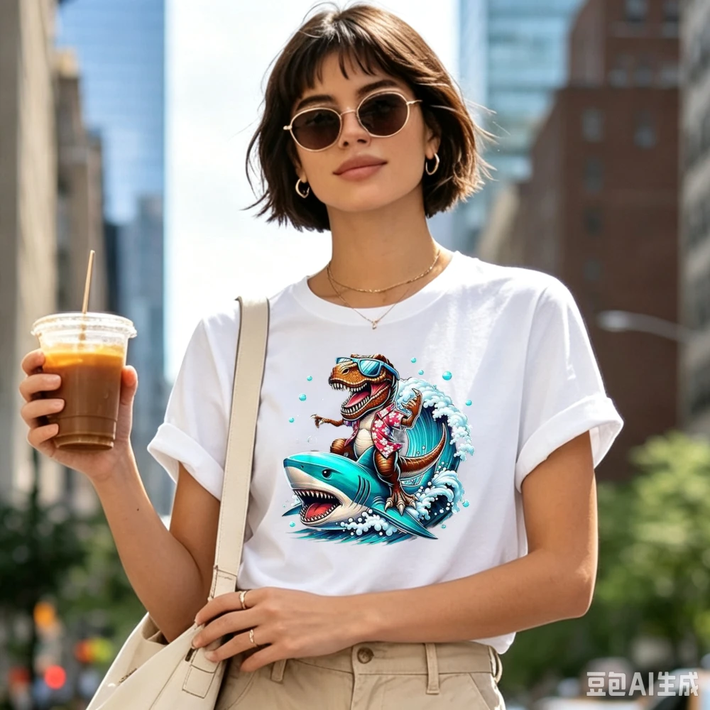 Cool T Rex Dinosaur Riding Shark Surfing Graphic T Shirt Unisex Kids Boys Summer Beach Funny Dino Sunglasses Short Sleeve Tees