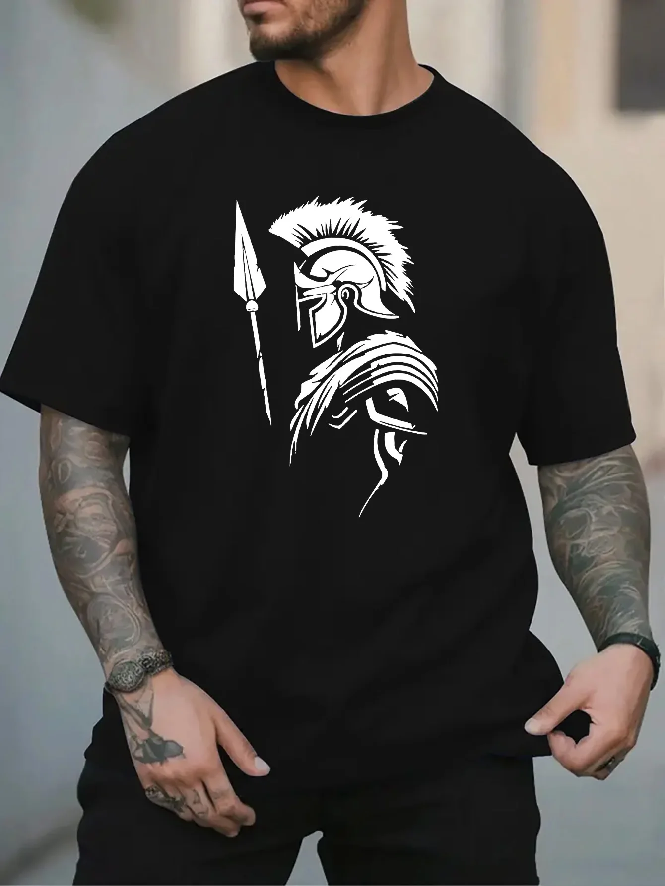 Men Black Crew Neck Tee White Spartan Warrior Silhouette Spear And Helmet Ancient Greek Fighter Graphic Casual Cotton Tops