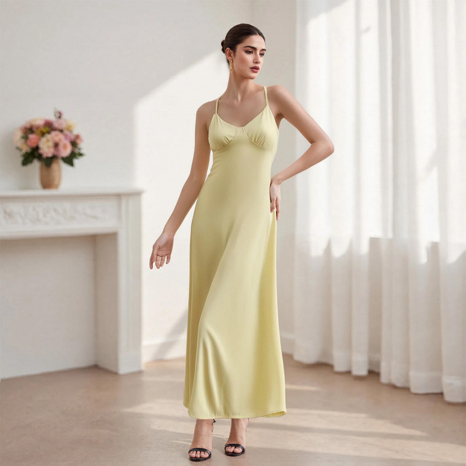 ใหม่แฟชั่นสตรีซาตินยาวชุดเดรสสีทึบสปาเก็ตตี้สายคล้องคอกลับ CROSS SLIM FIT ชุดขายร้อน S M L