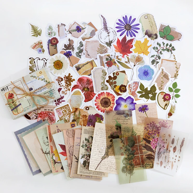 Yoofun 60 Stück/Packung Multi-Material-Aufkleberpaket, Vintage-Pilz, Pflanzen, Schmetterlinge, Aufkleber für Tagebuch, Scrapbooking, Basteln