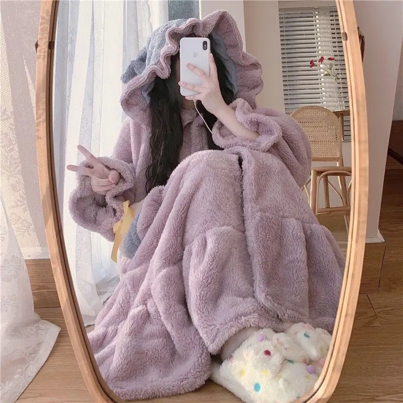 Ruffles Robe Women Sleepwear Hooded Nightdress Winter Fleece Pajama Night Wears Warm One Piece Nightgown Button Homewear 2024