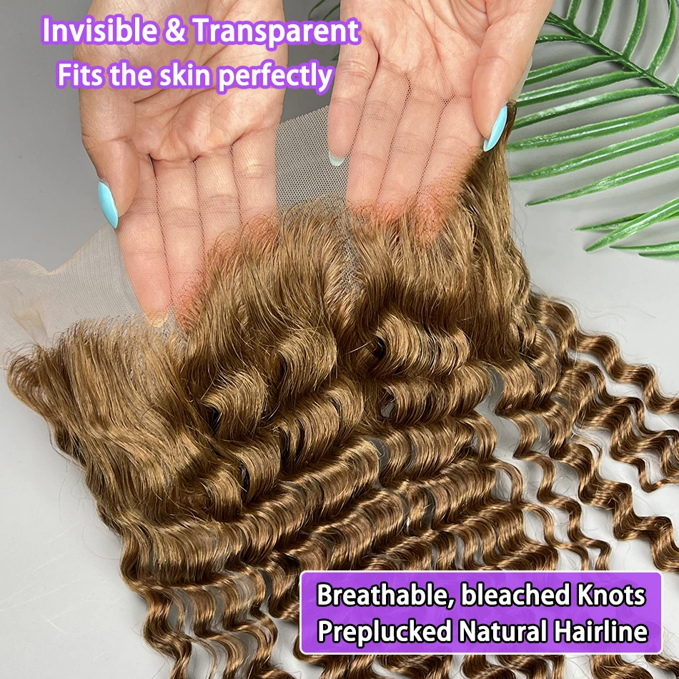 Deep Wave #4 Brown Color 13x4 Transparent Lace Frontal Human Hair Bleached Knots Invisible Lace 100% Vietnam Virgin Human Hair