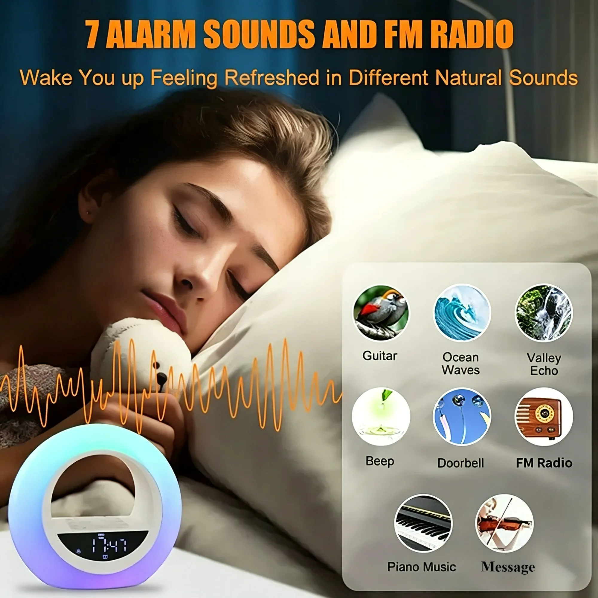 Wireless Charging Wake Up Light Alarm Clock with Sunrise Simulation FM Radio Night Light Natural Sounds Sleep Aid Kids Gift