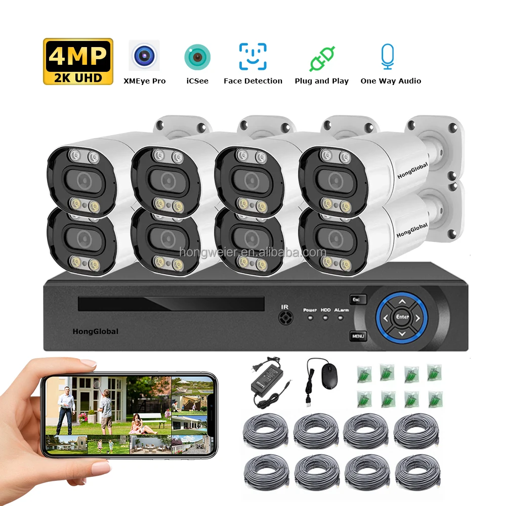 HongGlobal-grabadora de vídeo de red inteligente de 4MP, POE IP, 8 canales, CCTV, NVR, Kit de cámara de vigilancia para el hogar, sistema de cámaras de seguridad