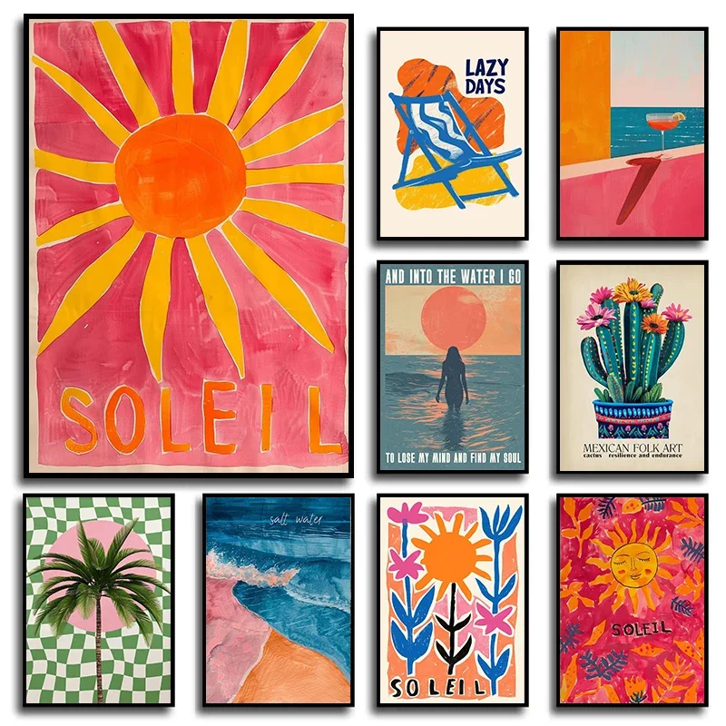 Abstraktes, farbenfrohes Sonnen-Ozean-Palmen-Landschafts-Kaktus-Poster und Kunstdrucke auf Leinwand für die Wohnzimmerdekoration