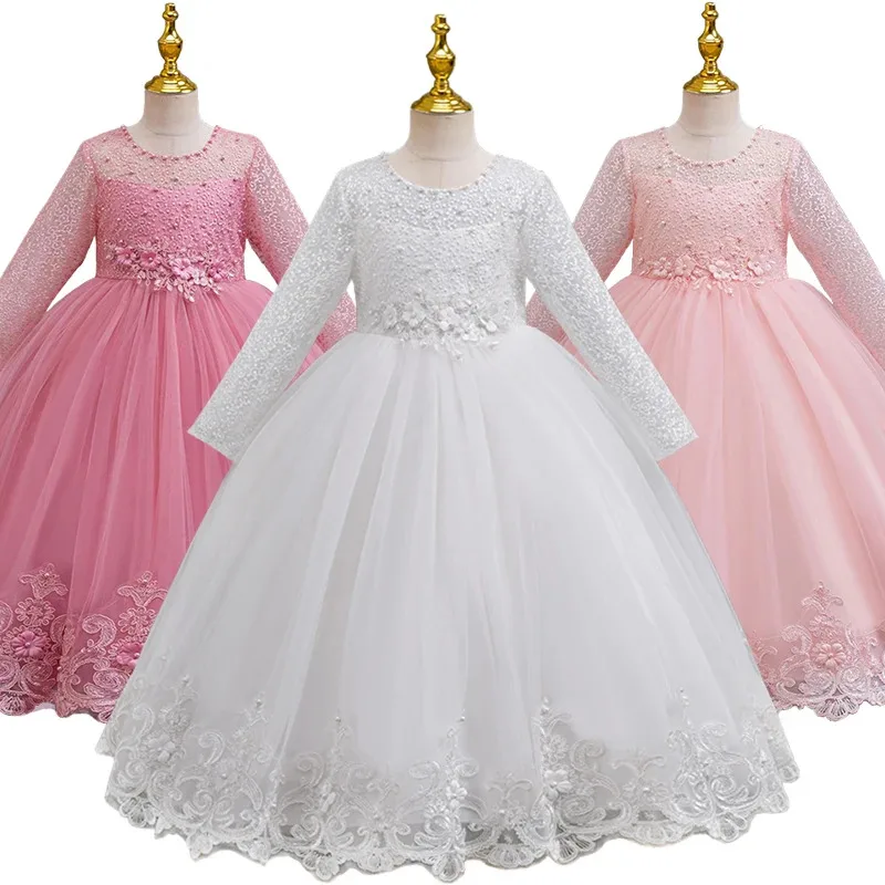 

New Lace Flower Girls Long Sleeve Wedding Bridesmaids Elegant Party Dresses 3-12Years Formal Children's Gala Celebration Costume
