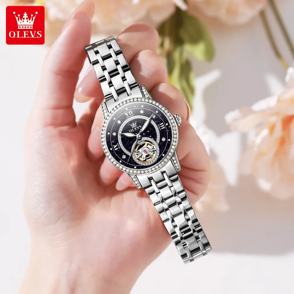 Starry Sky Dial Mechanical Watch Women OLEVS Watches Top Brand Luxury Steel Strap Tourbillon Ladies Watch Women Reloj Mujer