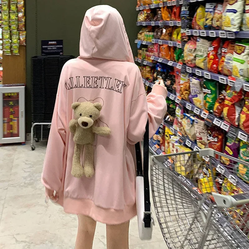 Fashion Casual Fleece Sweater Women\'s 2024 Korean Version of The New Cute 3D Three-dimensional Bear Loose Hooded Cardigan Jacket