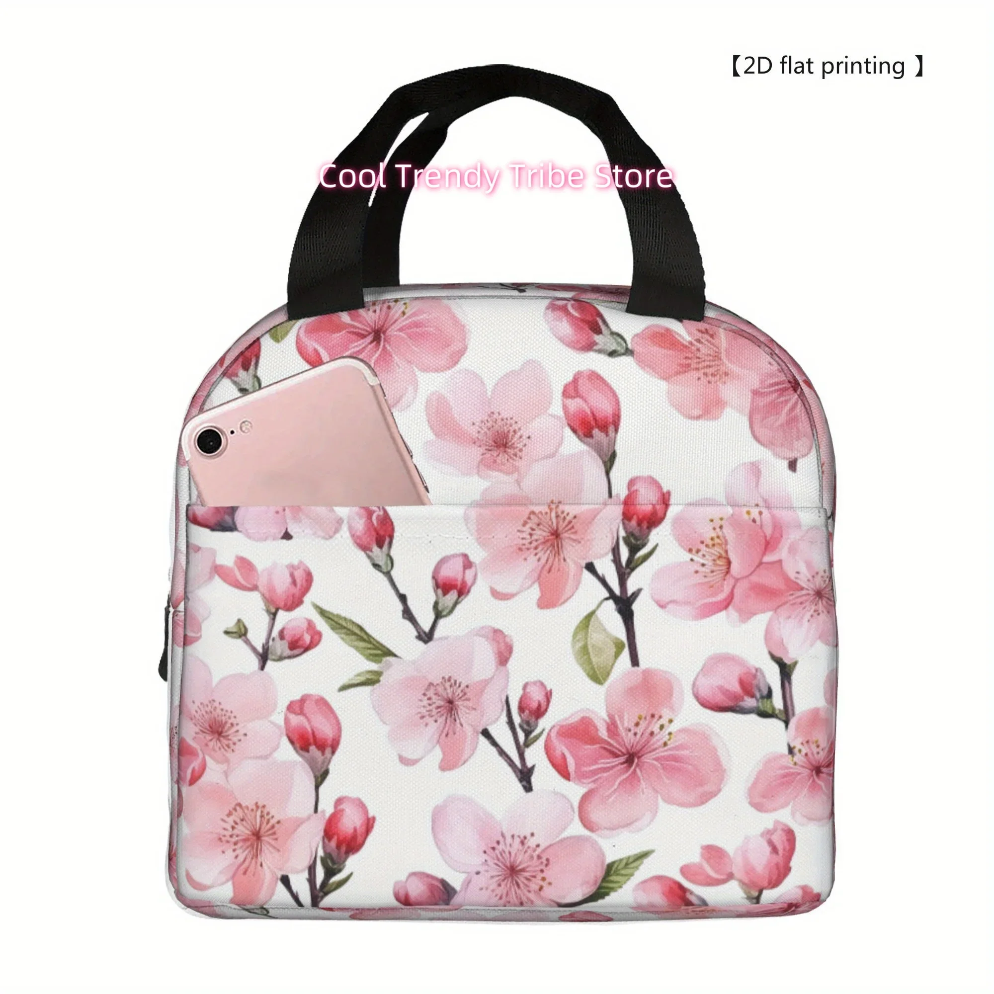 1pc [ 2D flat printing] Cherry blossom pattern Portable Reusable Cooler Bag, Lunch bag Boxed meal package top - handle bag lunch